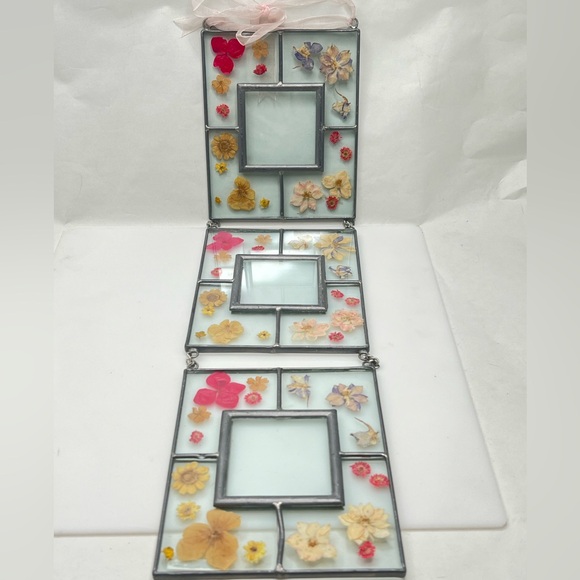 VTG Pressed Dried Flower Glassleaded Hanging Triple Frame Bohemian Chic 20” Long - Picture 2 of 7